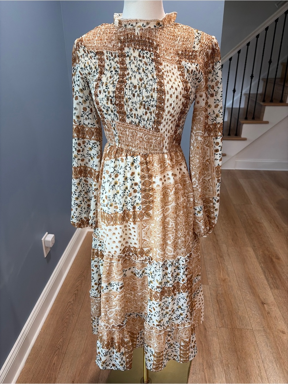 Petal + Pup Brown Cream Paisley Floral Smocked Midi Dress Size 2